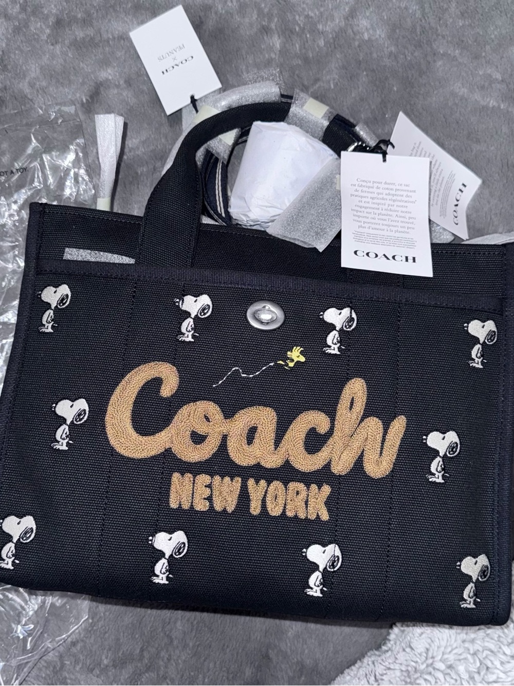 Coach New York Black Canvas Tote with Snoopy & Yellow Woodstock Accents